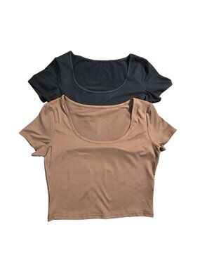 NWOT | 2 Pack Scoop Neck Sculpted Short Sleeve Crop Tops Black & Brown | Medium